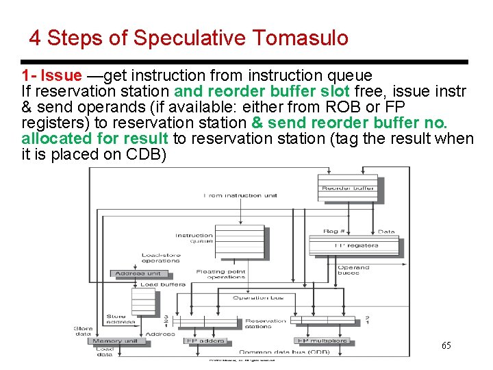 4 Steps of Speculative Tomasulo 1 - Issue —get instruction from instruction queue If