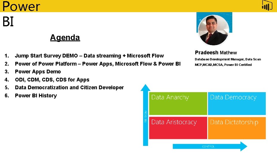 Power BI Feature Agenda 1. 2. 3. 4. 5. 6. Jump Start Survey DEMO