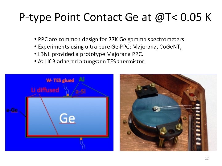 P-type Point Contact Ge at @T< 0. 05 K • PPC are common design