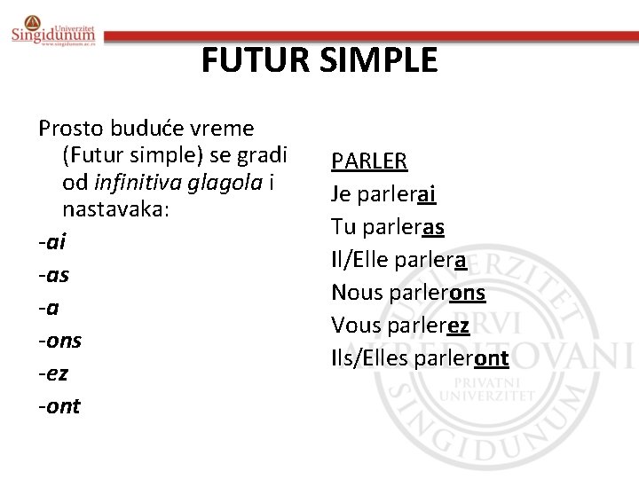 FUTUR SIMPLE Prosto buduće vreme (Futur simple) se gradi od infinitiva glagola i nastavaka: