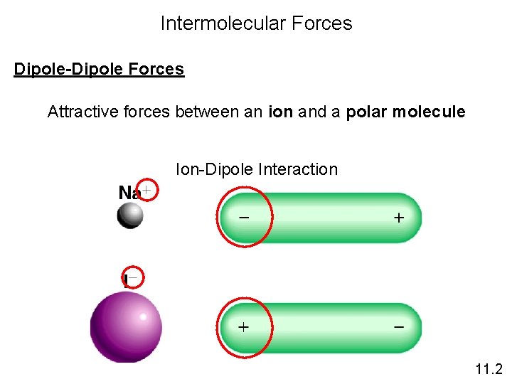 Intermolecular Forces Dipole-Dipole Forces Attractive forces between an ion and a polar molecule Ion-Dipole