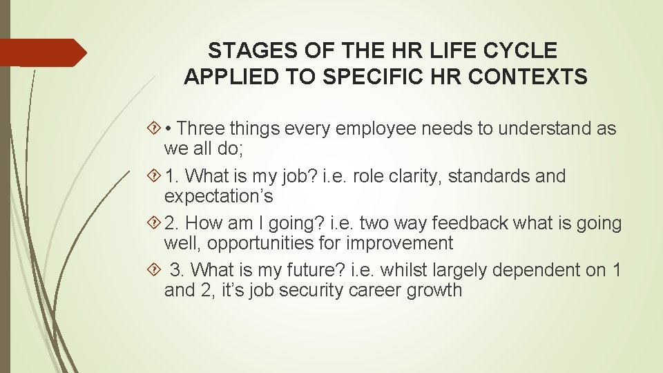 STAGES OF THE HR LIFE CYCLE APPLIED TO SPECIFIC HR CONTEXTS • Three things