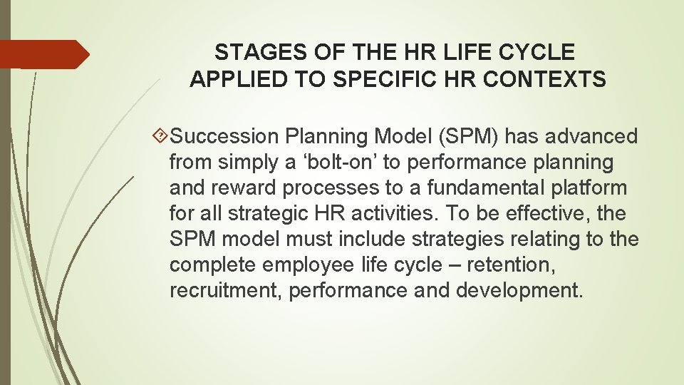 STAGES OF THE HR LIFE CYCLE APPLIED TO SPECIFIC HR CONTEXTS Succession Planning Model