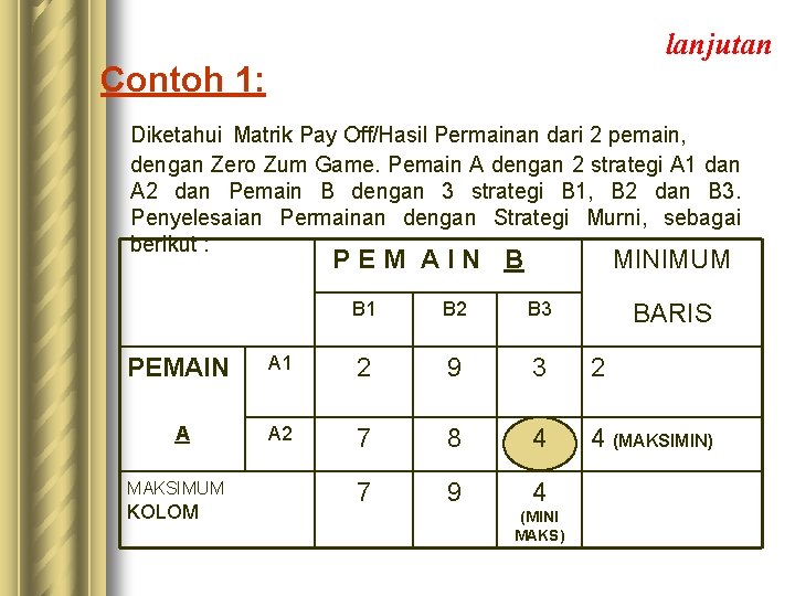 lanjutan Contoh 1: Diketahui Matrik Pay Off/Hasil Permainan dari 2 pemain, dengan Zero Zum