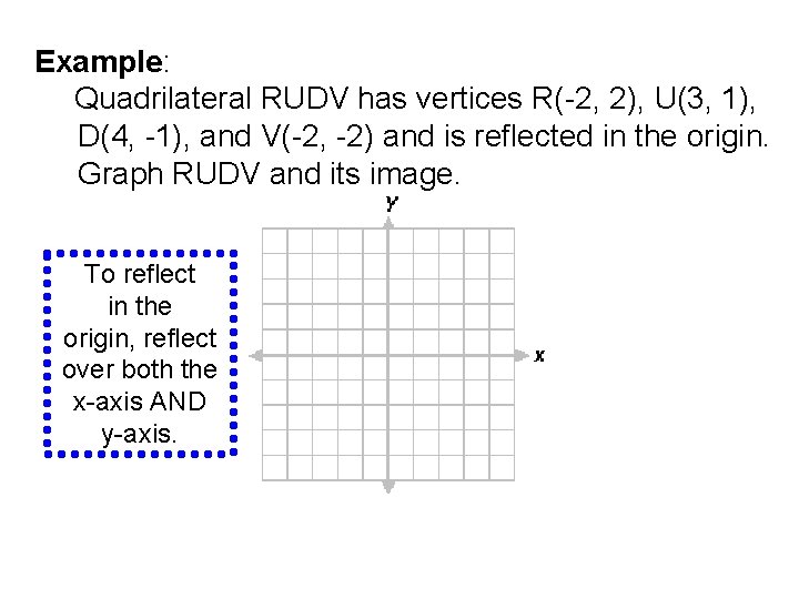 Example: Quadrilateral RUDV has vertices R(-2, 2), U(3, 1), D(4, -1), and V(-2, -2)