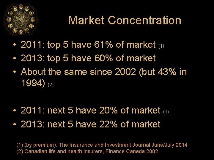 Market Concentration • 2011: top 5 have 61% of market (1) • 2013: top