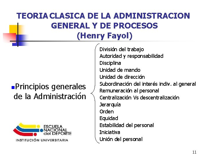 TEORIA CLASICA DE LA ADMINISTRACION GENERAL Y DE PROCESOS (Henry Fayol) Principios generales de