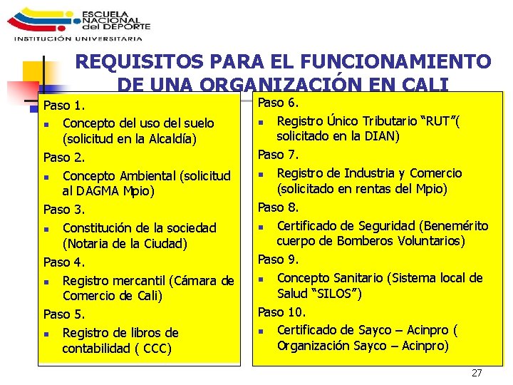 REQUISITOS PARA EL FUNCIONAMIENTO DE UNA ORGANIZACIÓN EN CALI Paso 1. n Concepto del
