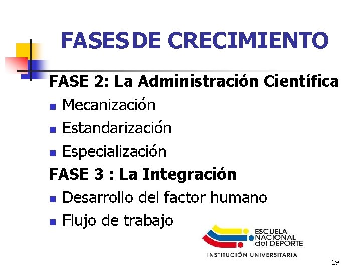 FASES DE CRECIMIENTO FASE 2: La Administración Científica n Mecanización n Estandarización n Especialización