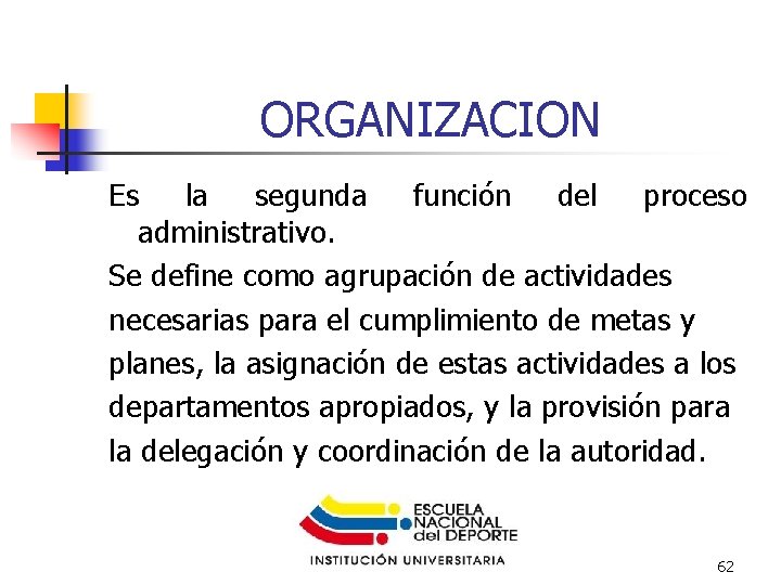 ORGANIZACION Es la segunda función del proceso administrativo. Se define como agrupación de actividades