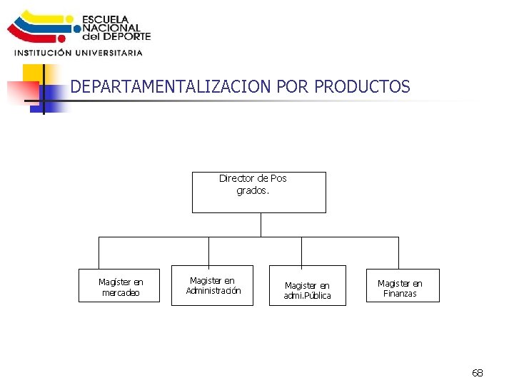 DEPARTAMENTALIZACION POR PRODUCTOS Director de Pos grados. Magíster en mercadeo Magister en Administración Magister