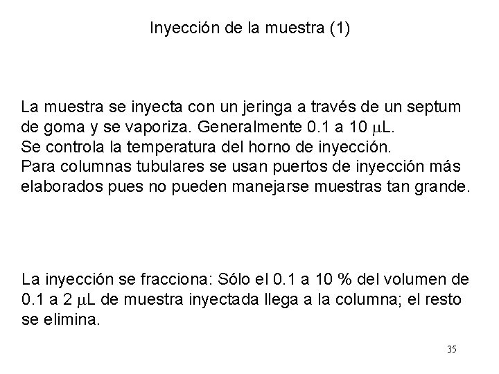 Inyección de la muestra (1) La muestra se inyecta con un jeringa a través