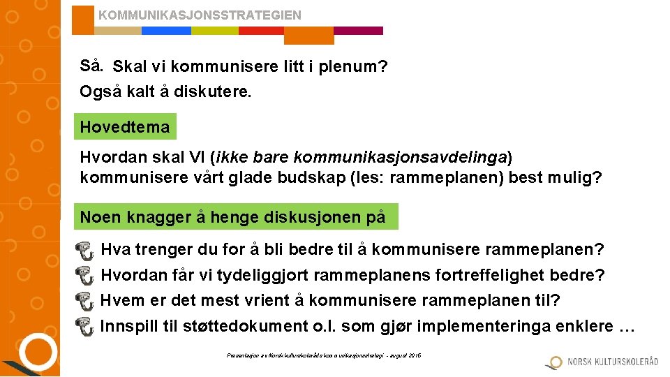 KOMMUNIKASJONSSTRATEGIEN Så. Skal vi kommunisere litt i plenum? Også kalt å diskutere. Hovedtema Hvordan