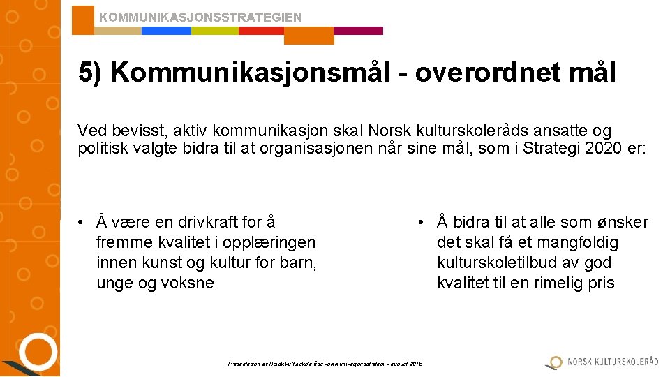 KOMMUNIKASJONSSTRATEGIEN 5) Kommunikasjonsmål - overordnet mål Ved bevisst, aktiv kommunikasjon skal Norsk kulturskoleråds ansatte