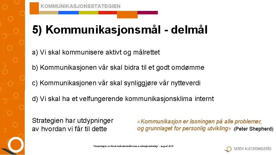 KOMMUNIKASJONSSTATEGIEN 5) Kommunikasjonsmål - delmål a) Vi skal kommunisere aktivt og målrettet b) Kommunikasjonen KOMMUNIKASJONSSTATEGIEN 5) Kommunikasjonsmål - delmål a) Vi skal kommunisere aktivt og målrettet b) Kommunikasjonen