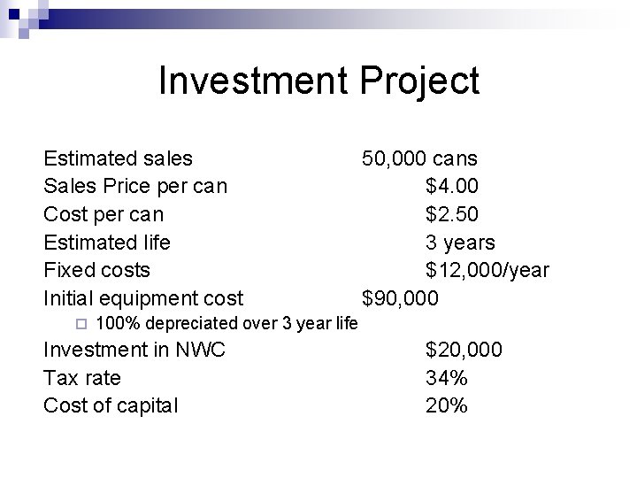 Investment Project Estimated sales Sales Price per can Cost per can Estimated life Fixed