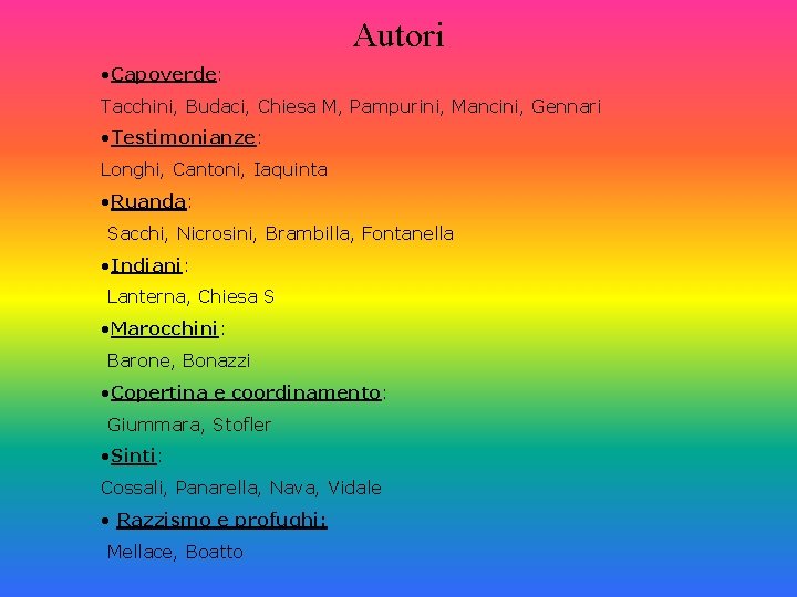 Autori • Capoverde: Tacchini, Budaci, Chiesa M, Pampurini, Mancini, Gennari • Testimonianze: Longhi, Cantoni,