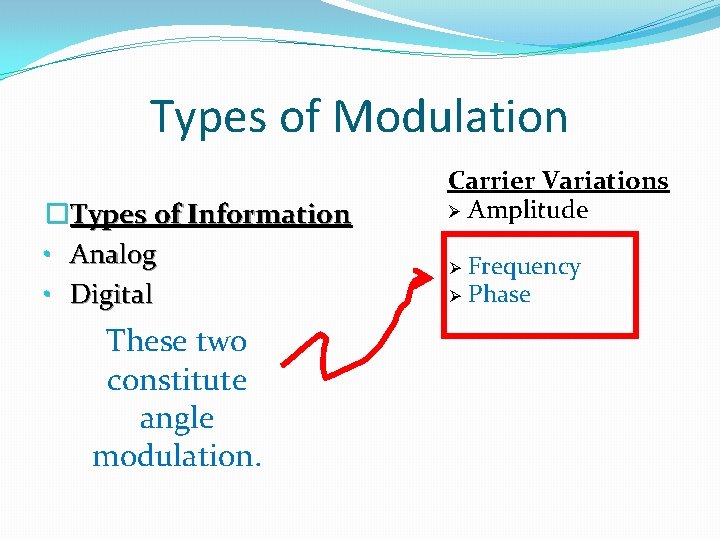 Types of Modulation �Types of Information • Analog • Digital These two constitute angle