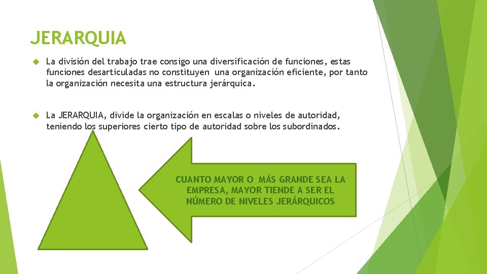 JERARQUIA La división del trabajo trae consigo una diversificación de funciones, estas funciones desarticuladas