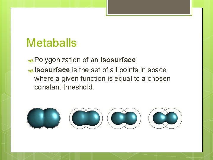 Metaballs Polygonization of an Isosurface is the set of all points in space where