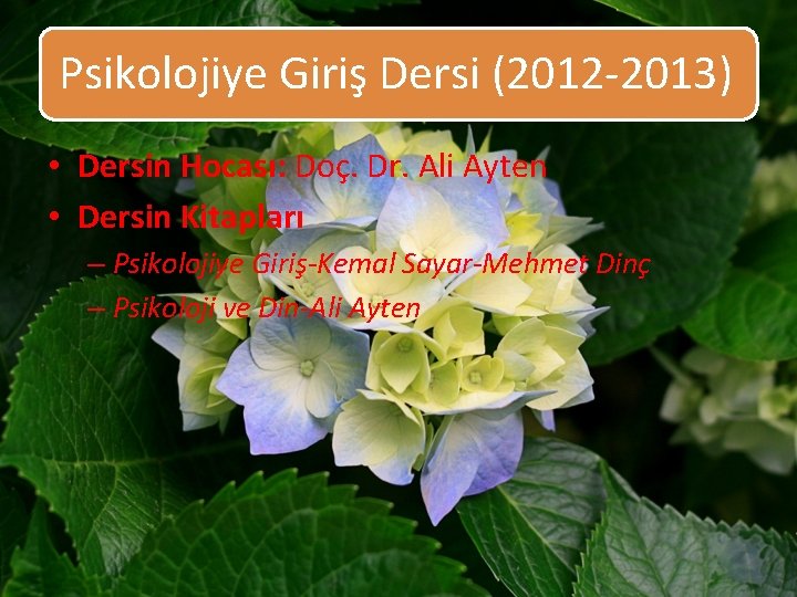 Psikolojiye Giriş Dersi (2012 -2013) • Dersin Hocası: Doç. Dr. Ali Ayten • Dersin