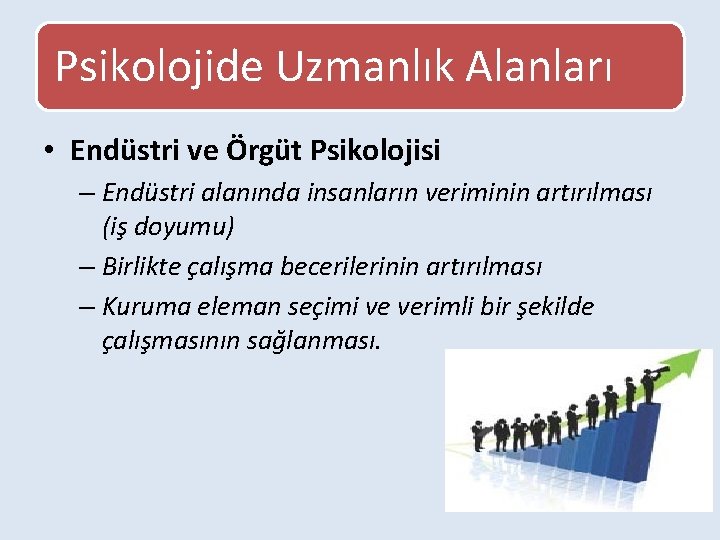 Psikolojide Uzmanlık Alanları • Endüstri ve Örgüt Psikolojisi – Endüstri alanında insanların veriminin artırılması