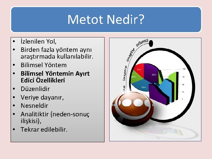 Metot Nedir? • İzlenilen Yol, • Birden fazla yöntem aynı araştırmada kullanılabilir. • Bilimsel