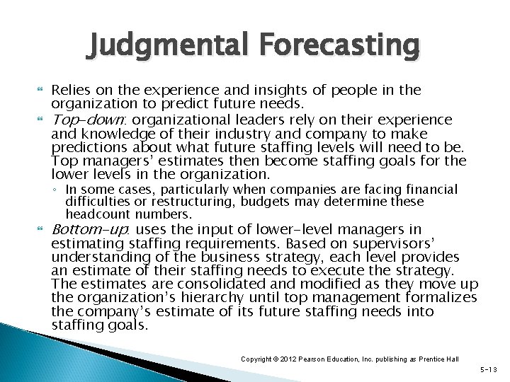 Judgmental Forecasting Relies on the experience and insights of people in the organization to