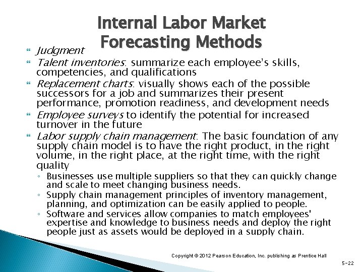  Internal Labor Market Forecasting Methods Judgment Talent inventories: summarize each employee’s skills, competencies,