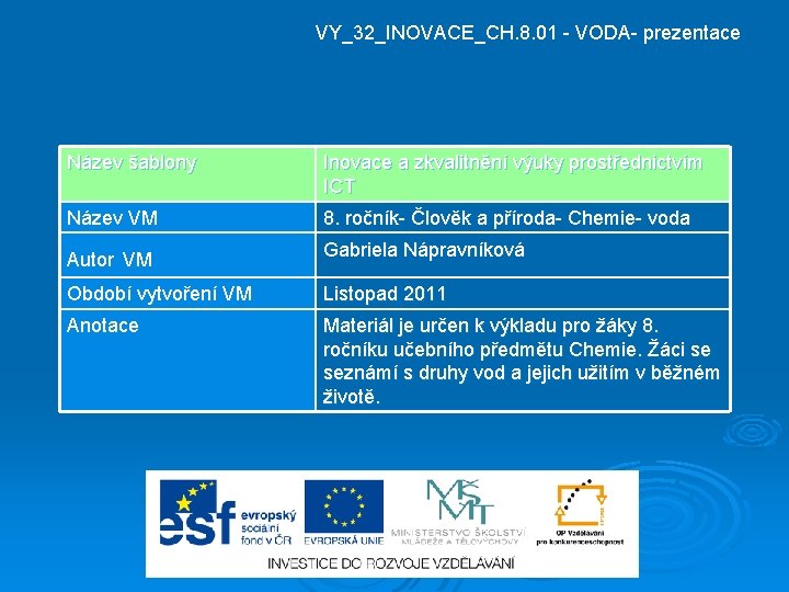 VY_32_INOVACE_CH. 8. 01 - VODA- prezentace Název šablony Inovace a zkvalitnění výuky prostřednictvím ICT