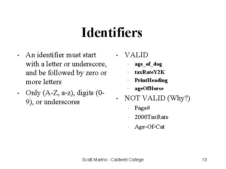 Identifiers • • An identifier must start with a letter or underscore, and be