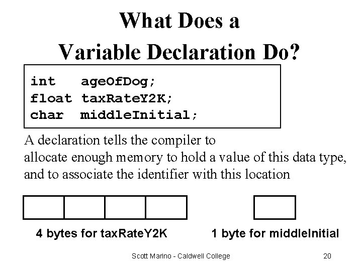 What Does a Variable Declaration Do? int age. Of. Dog; float tax. Rate. Y