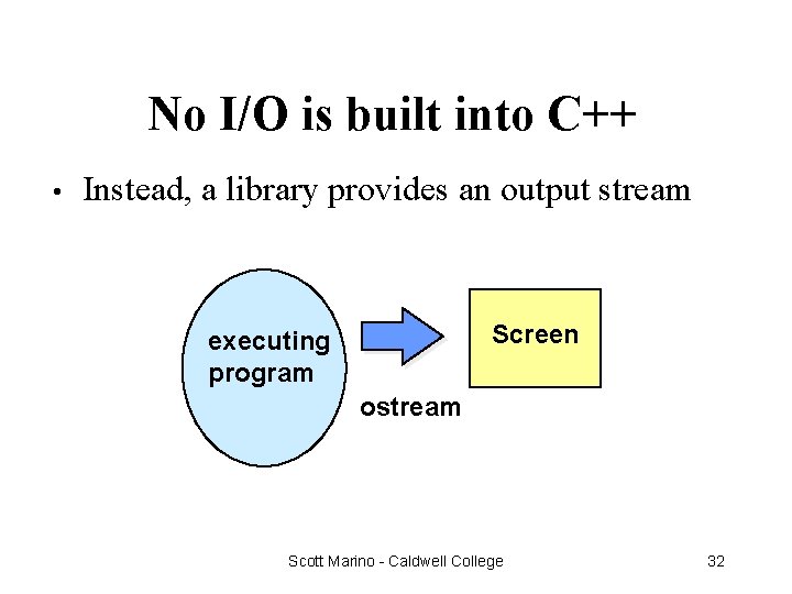 No I/O is built into C++ • Instead, a library provides an output stream