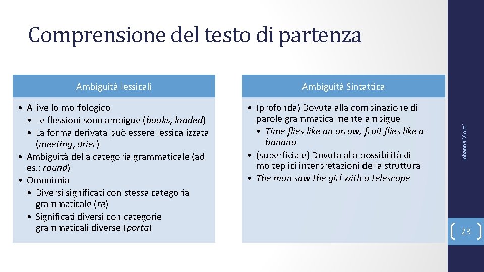 Comprensione del testo di partenza • A livello morfologico • Le flessioni sono ambigue