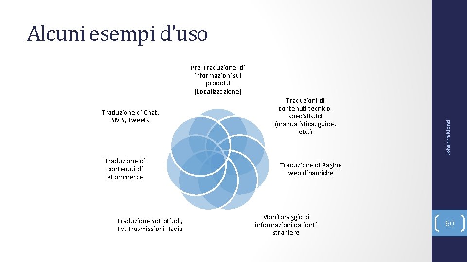 Alcuni esempi d’uso Traduzione di Chat, SMS, Tweets Traduzione di contenuti di e. Commerce