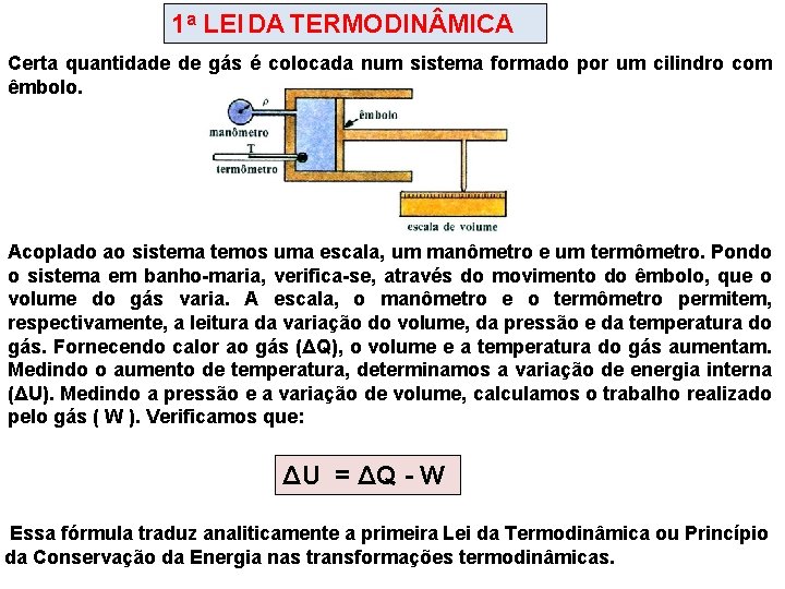 1 a LEI DA TERMODIN MICA Certa quantidade de gás é colocada num sistema