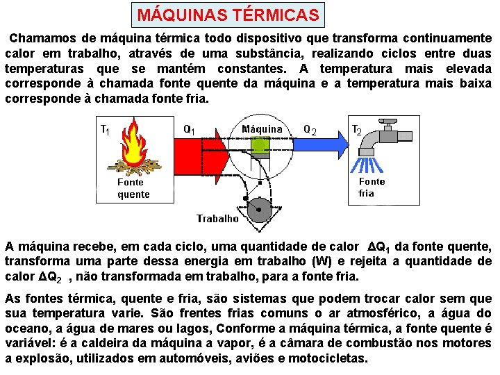 MÁQUINAS TÉRMICAS Chamamos de máquina térmica todo dispositivo que transforma continuamente calor em trabalho,