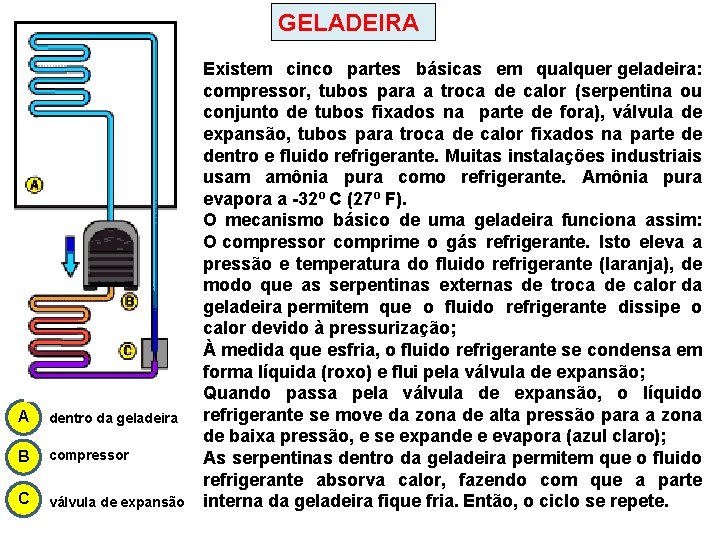GELADEIRA A dentro da geladeira B compressor C válvula de expansão Existem cinco partes