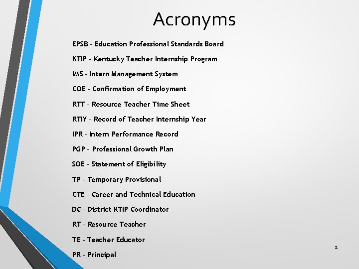 Acronyms EPSB – Education Professional Standards Board KTIP – Kentucky Teacher Internship Program IMS
