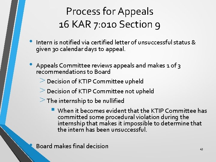 Process for Appeals 16 KAR 7: 010 Section 9 • Intern is notified via