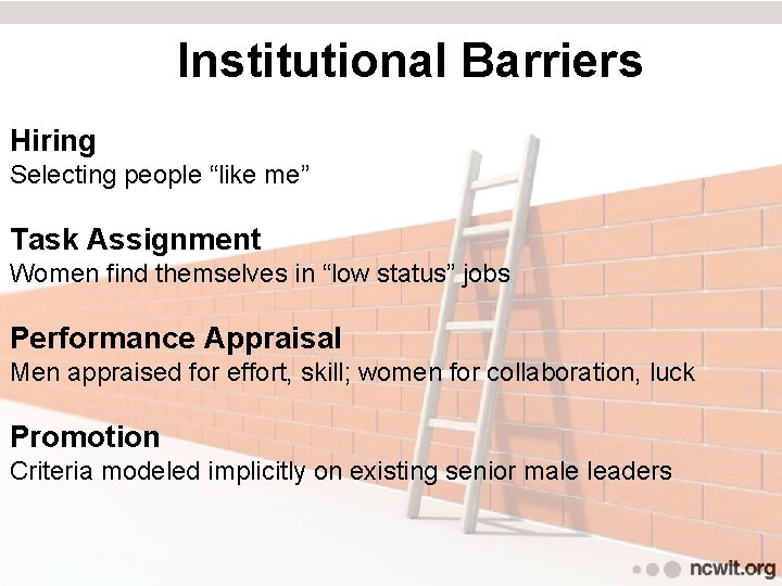Institutional Barriers Hiring Selecting people “like me” Task Assignment Women find themselves in “low