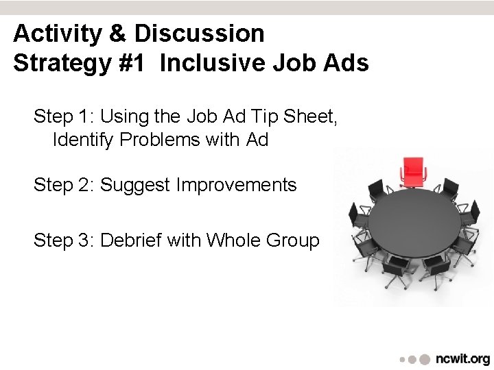 Activity & Discussion Strategy #1 Inclusive Job Ads Step 1: Using the Job Ad