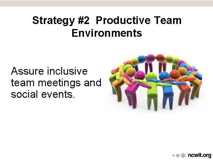 Strategy #2 Productive Team Environments Assure inclusive team meetings and social events. 