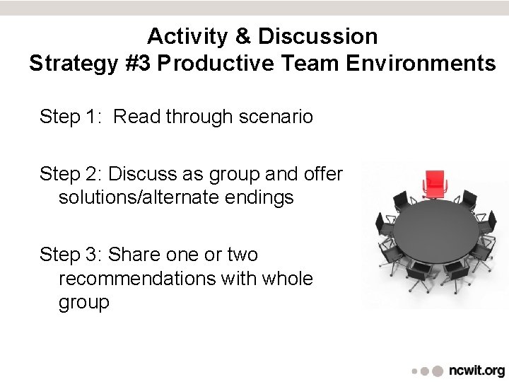 Activity & Discussion Strategy #3 Productive Team Environments Step 1: Read through scenario Step