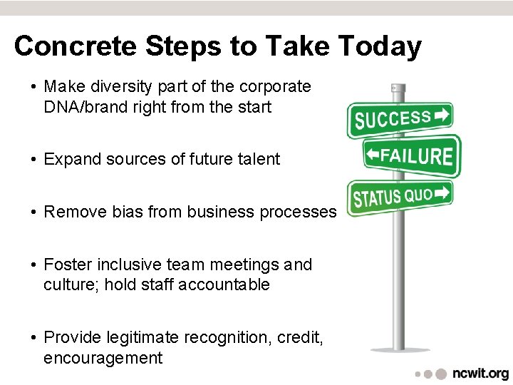 Concrete Steps to Take Today • Make diversity part of the corporate DNA/brand right