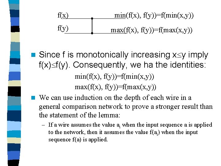 n f(x) min(f(x), f(y))=f(min(x, y)) f(y) max(f(x), f(y))=f(max(x, y)) Since f is monotonically increasing