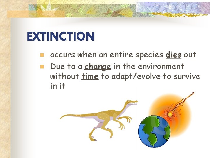 EXTINCTION n n occurs when an entire species dies out Due to a change
