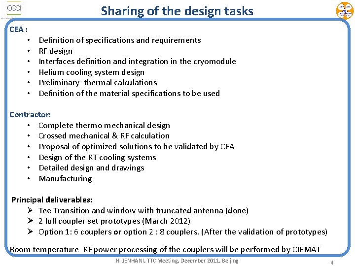 Sharing of the design tasks CEA : • • • Definition of specifications and