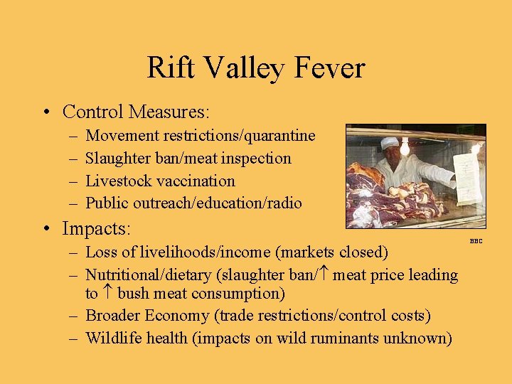 Rift Valley Fever • Control Measures: – – Movement restrictions/quarantine Slaughter ban/meat inspection Livestock