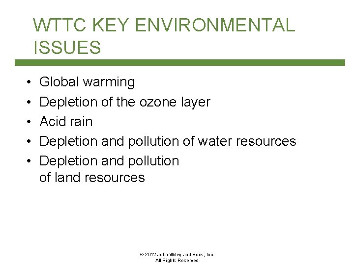 WTTC KEY ENVIRONMENTAL ISSUES • • • Global warming Depletion of the ozone layer